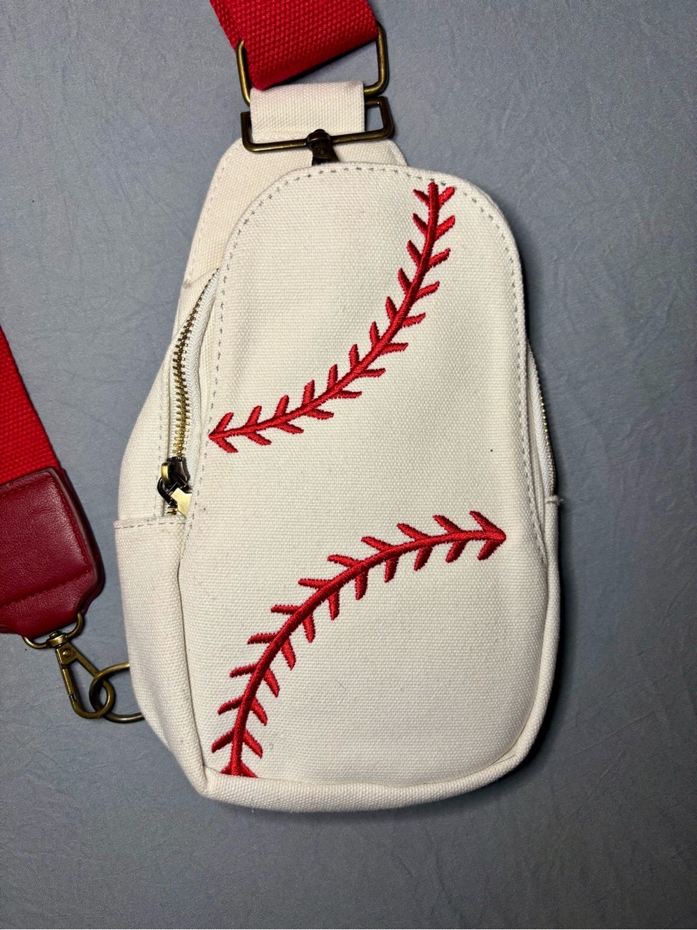 Baseball Embroidered Canvas Sling Crossbody Bag Red Ivory Game Day - Picture 2 of 7